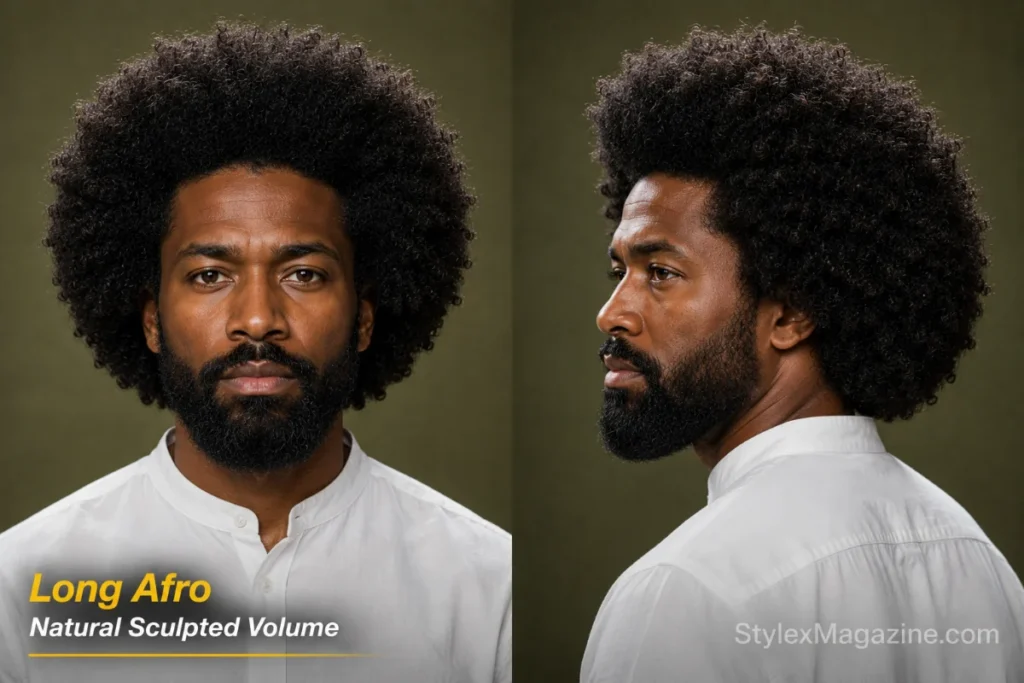 Man with a large rounded afro featuring long dense coils, balanced width and a clean natural edge-up