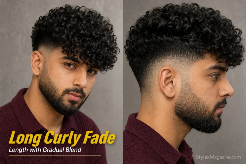 Man with six-inch curls on top and a low skin fade blending gradually around the ears and sides