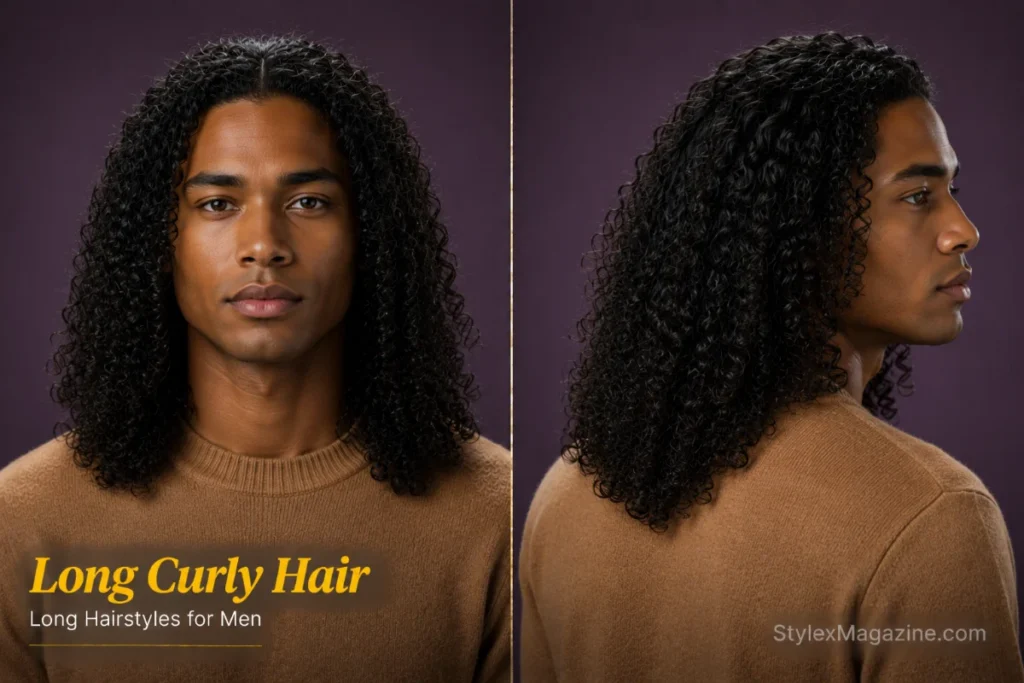 Long curly hairstyle for men featuring shoulder-length defined curls with healthy volume and natural bounce.