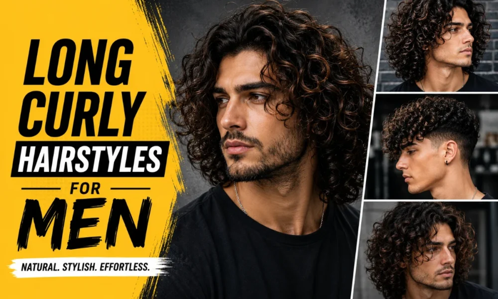 Featured image showing long curly hairstyles for men with a natural shoulder-length curly hairstyle and three modern curly haircut variations on a yellow and black editorial layout.