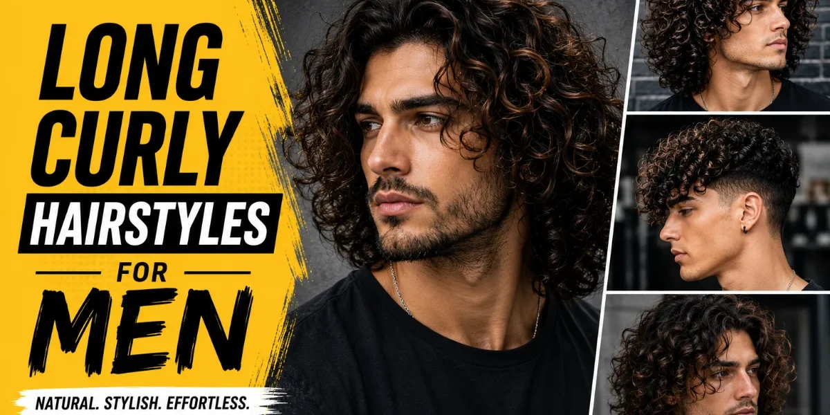 15 Best Long Curly Hairstyles for Men. Featured image showing long curly hairstyles for men with a natural shoulder-length curly hairstyle and three modern curly haircut variations on a yellow and black editorial layout.