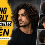 Featured image showing long curly hairstyles for men with a natural shoulder-length curly hairstyle and three modern curly haircut variations on a yellow and black editorial layout.