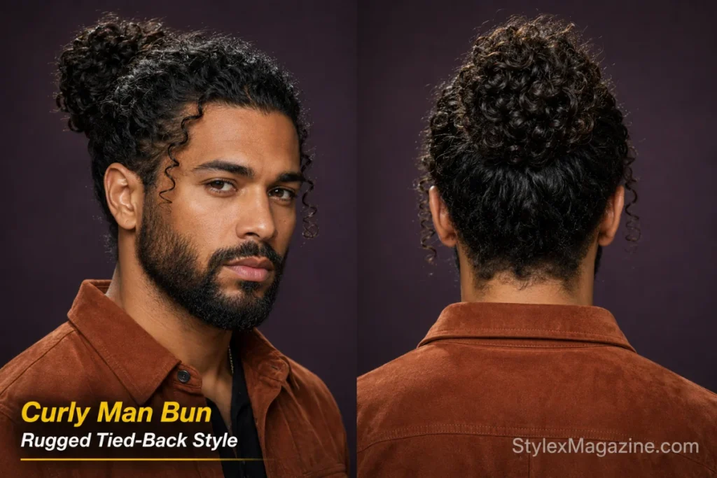 Man with long curly hair gathered into a full crown-level bun with a few loose curls near the temples
