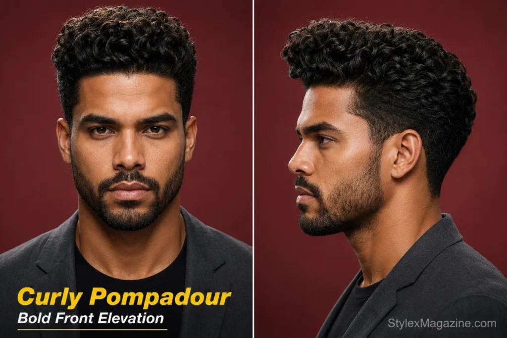 Man with long curls lifted upward and backward into a high pompadour with neatly tapered sides.