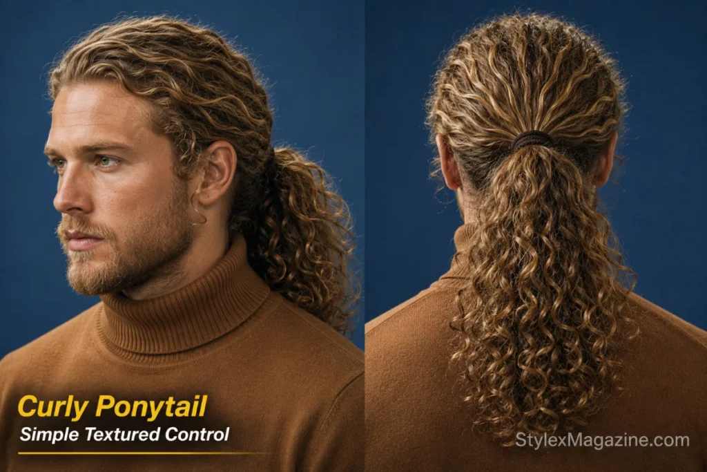 Man with long curly hair secured into a full low ponytail using a fabric-covered hair tie