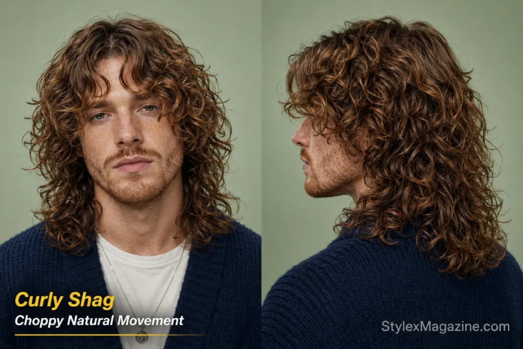 Man with a long curly shag, cheekbone curtain fringe and choppy layers extending past the shoulders