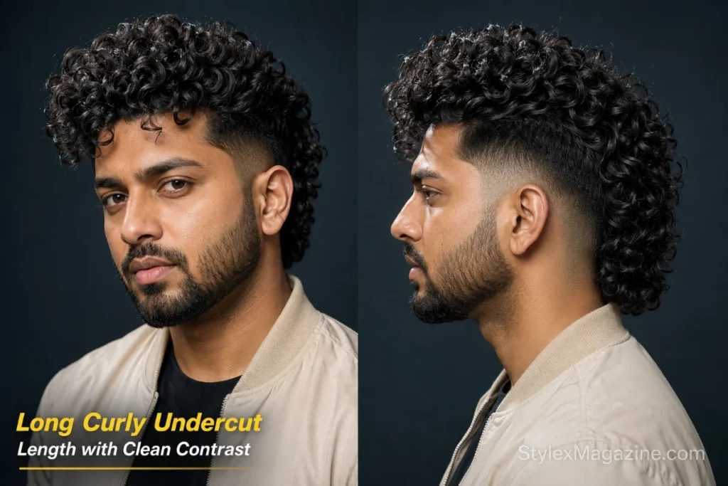Man with long dense curls on top and closely faded lower sides creating a structured undercut-style contrast