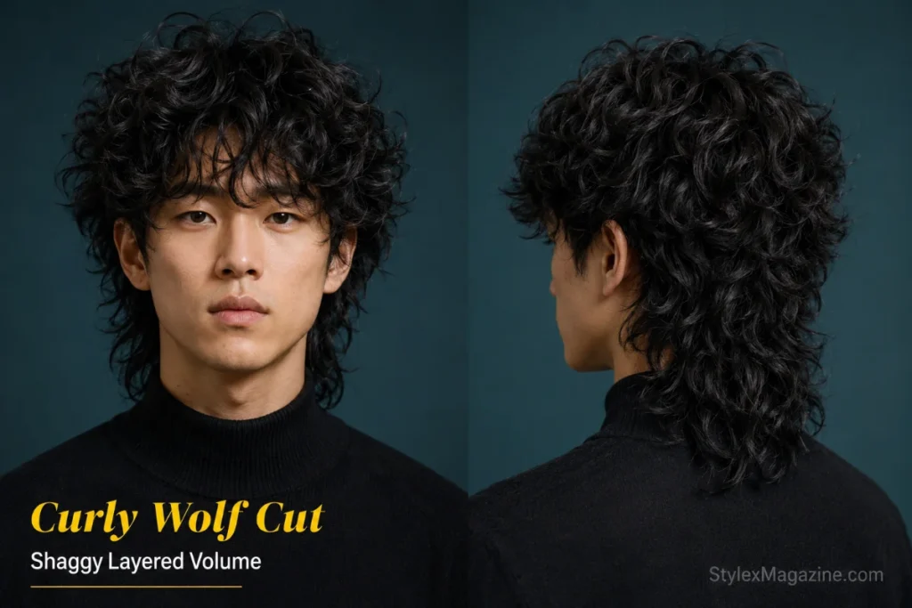 Man with a long curly wolf cut featuring heavy crown layers, face framing and longer curls at the back