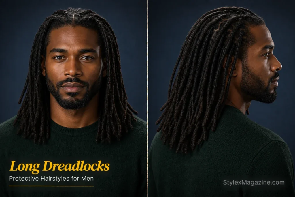 Long dreadlocks hairstyle for men featuring mature, well-maintained locs with even thickness and healthy texture.