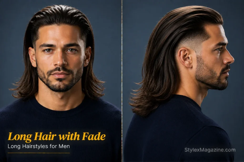 Long hairstyle for men with a low fade featuring brushed-back long hair and a clean blended fade around the sides.
