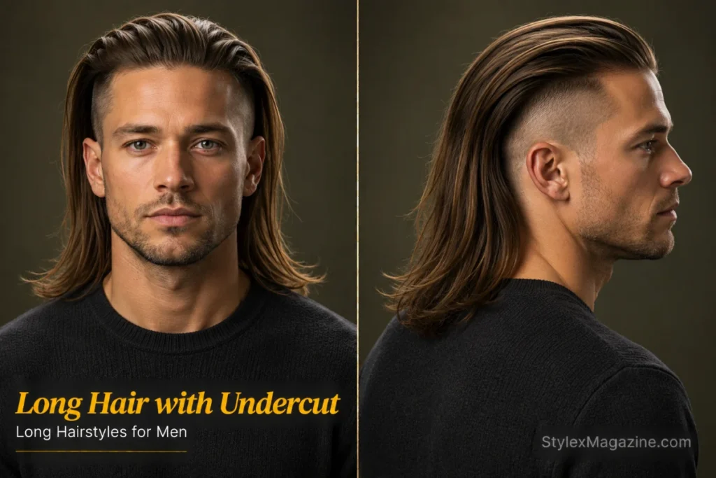 Long hairstyle for men with a disconnected undercut featuring long brushed-back hair above shaved sides.