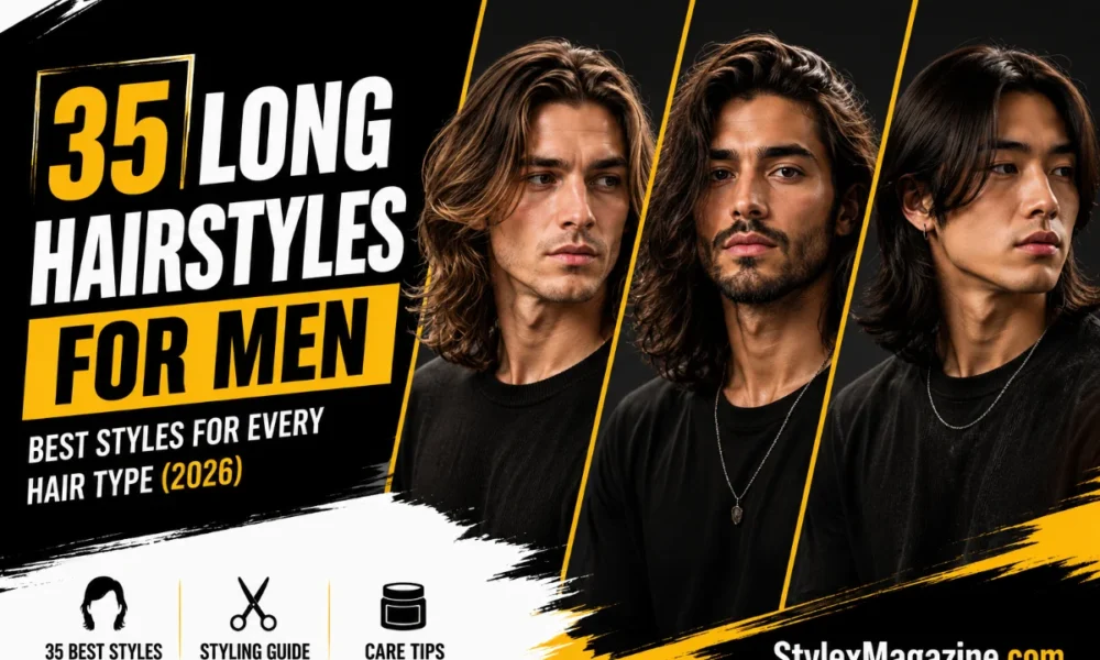 Collection of the best long hairstyles for men featuring multiple modern haircuts for different hair textures and face shapes.