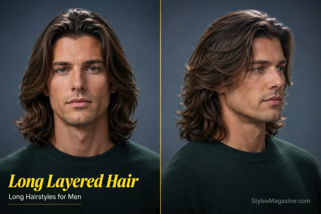 Long layered hairstyle for men featuring shoulder-length hair with internal layers, natural movement, and a healthy satin finish.