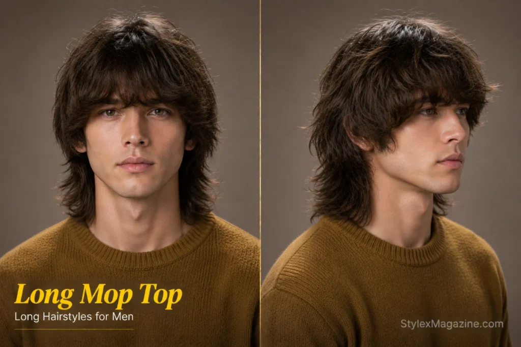 Long mop top hairstyle for men featuring soft forward-falling layers with a relaxed textured fringe.
