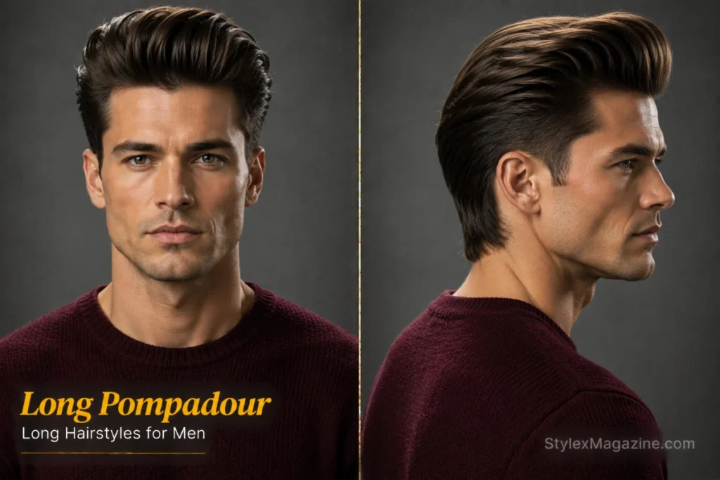 Long pompadour hairstyle for men featuring elevated front volume with swept-back medium-long hair and tapered sides.
