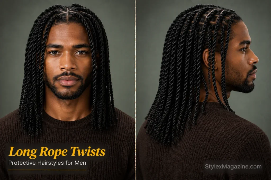 Long rope twists hairstyle for men featuring neat two-strand twists with defined texture and healthy length.
