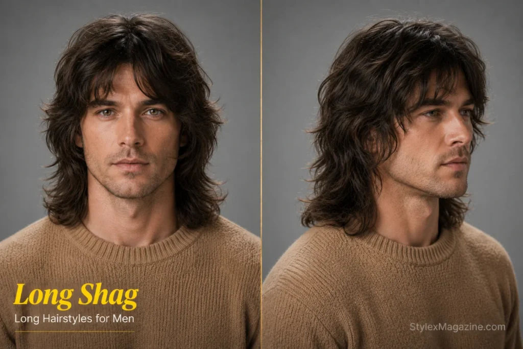Long shag hairstyle for men with feathered layers, textured crown, and a relaxed matte finish.