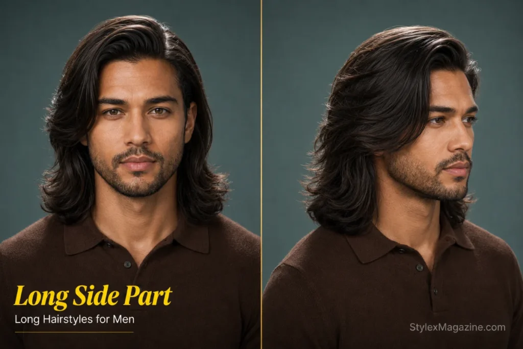 Long side part hairstyle for men featuring shoulder-length hair with a clean side part and polished flow.