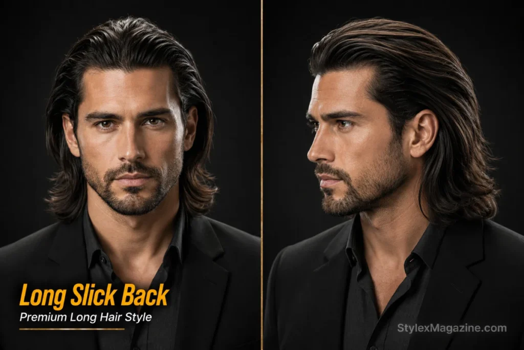 Long slick back hairstyle for men with straight hair featuring backward flow and polished finish.