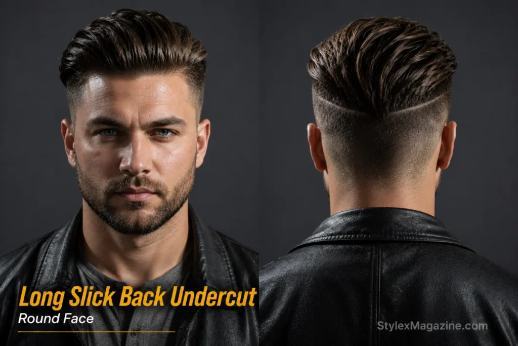 Long slicked-back undercut on round face showing root volume with hard disconnection