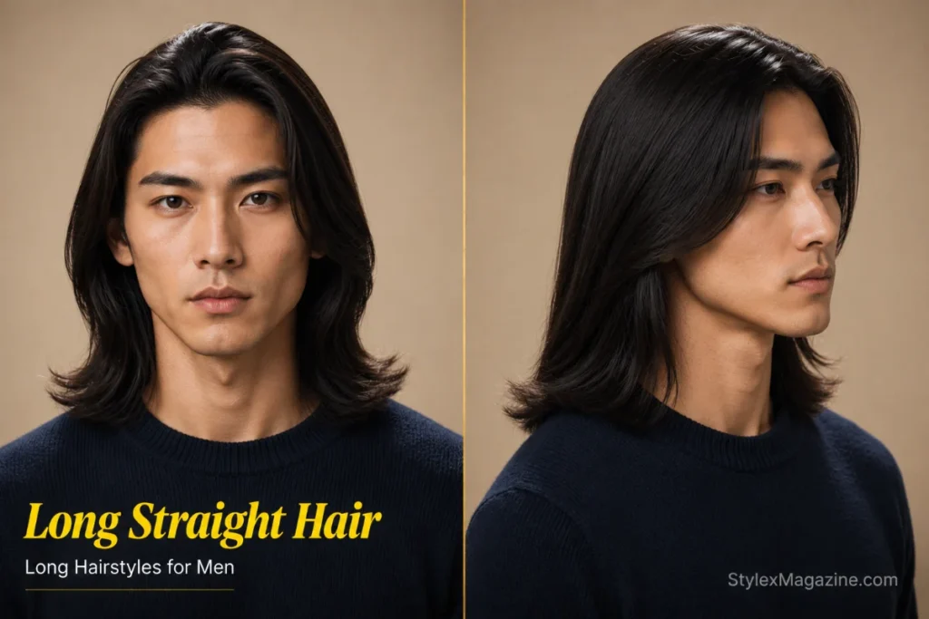 Long straight hairstyle for men featuring sleek shoulder-length hair with a glossy natural finish.