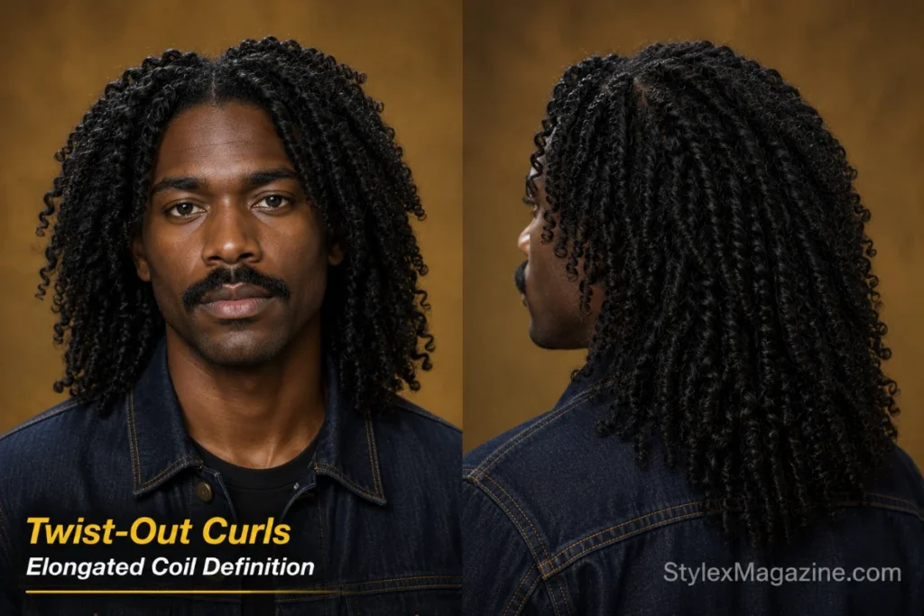 Man with long type 4 coils styled into an elongated, evenly defined twist-out pattern