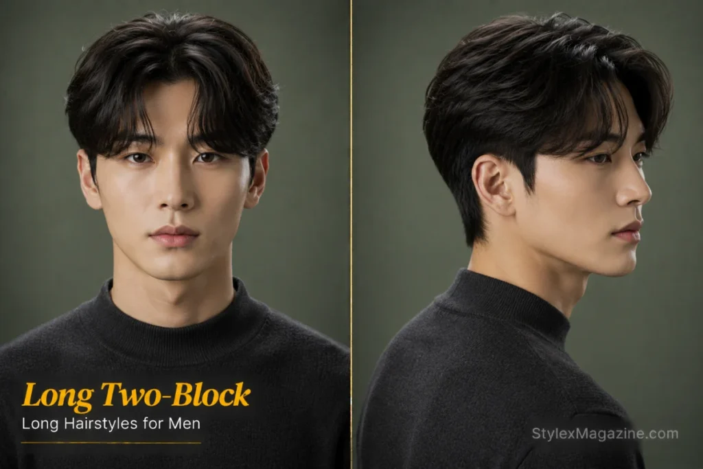 Long two-block hairstyle for men featuring longer layered top hair with neatly tapered sides and a soft Korean-inspired silhouette.