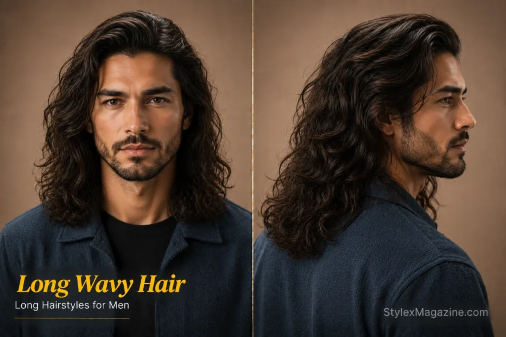 Long wavy hairstyle for men featuring natural shoulder-length waves with soft layers and beach-inspired movement.