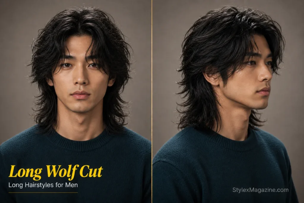 Long wolf cut for men featuring layered crown volume, textured waves, and an extended tapered back.