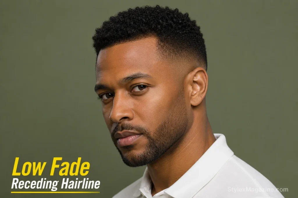 Low fade on receding hairline showing subtle transition starting just above ears keeping temples out of focus