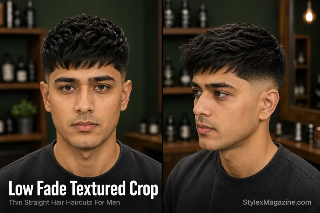 Man with thin straight hair wearing a low fade textured crop in a premium modern barbershop.