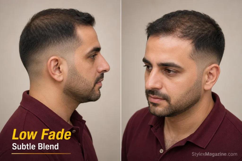 Low fade on a man with thinning hair showing the fade starting just above the ear