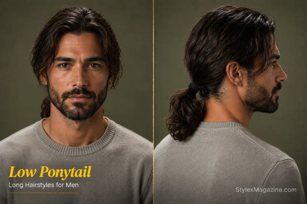 Low ponytail hairstyle for men featuring medium-long hair tied neatly at the nape with natural movement.