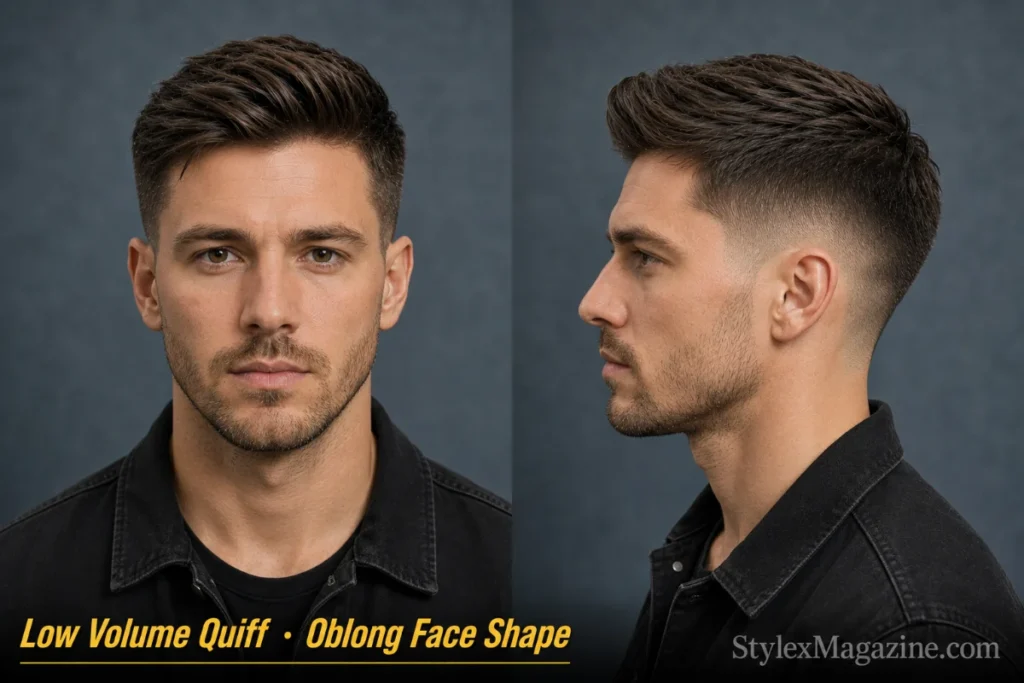 Low volume quiff on a man with oblong face shape, 1 inch maximum lift, hair flowing forward and to side not straight up