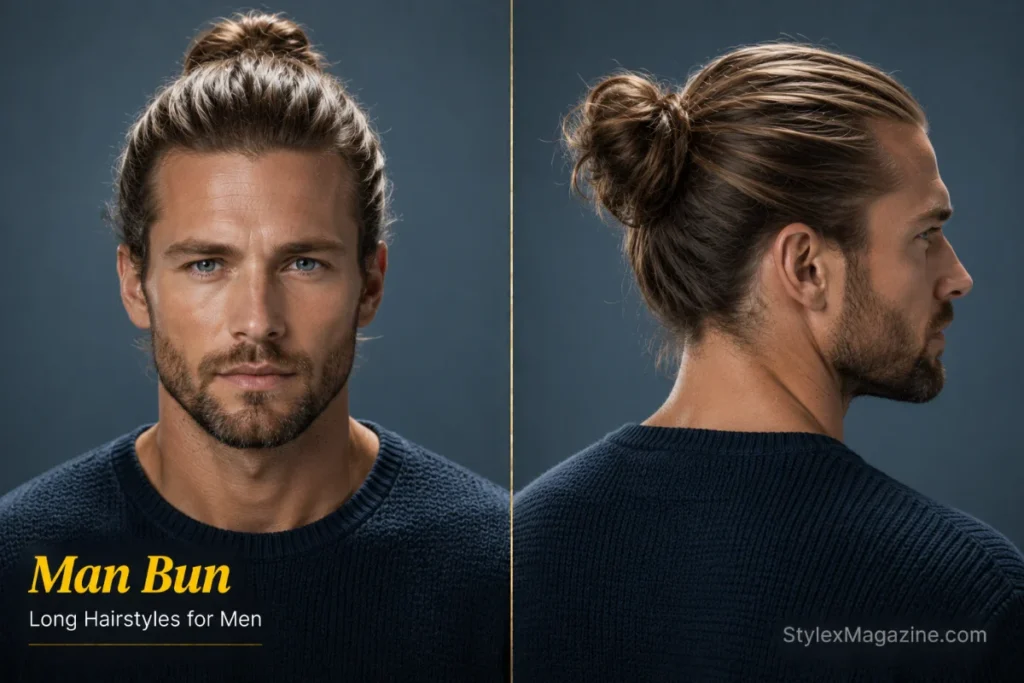Man bun hairstyle for men featuring long hair tied into a compact crown bun with a smooth brushed-back finish.