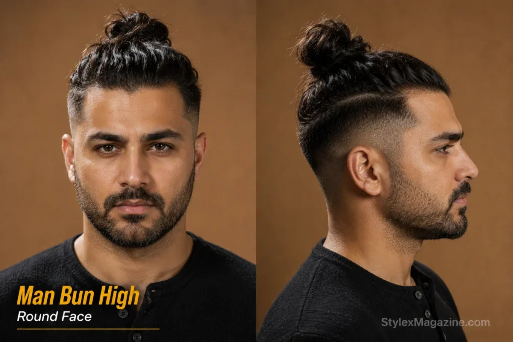 Man bun high position on round face showing bun at crown with faded undercut sides