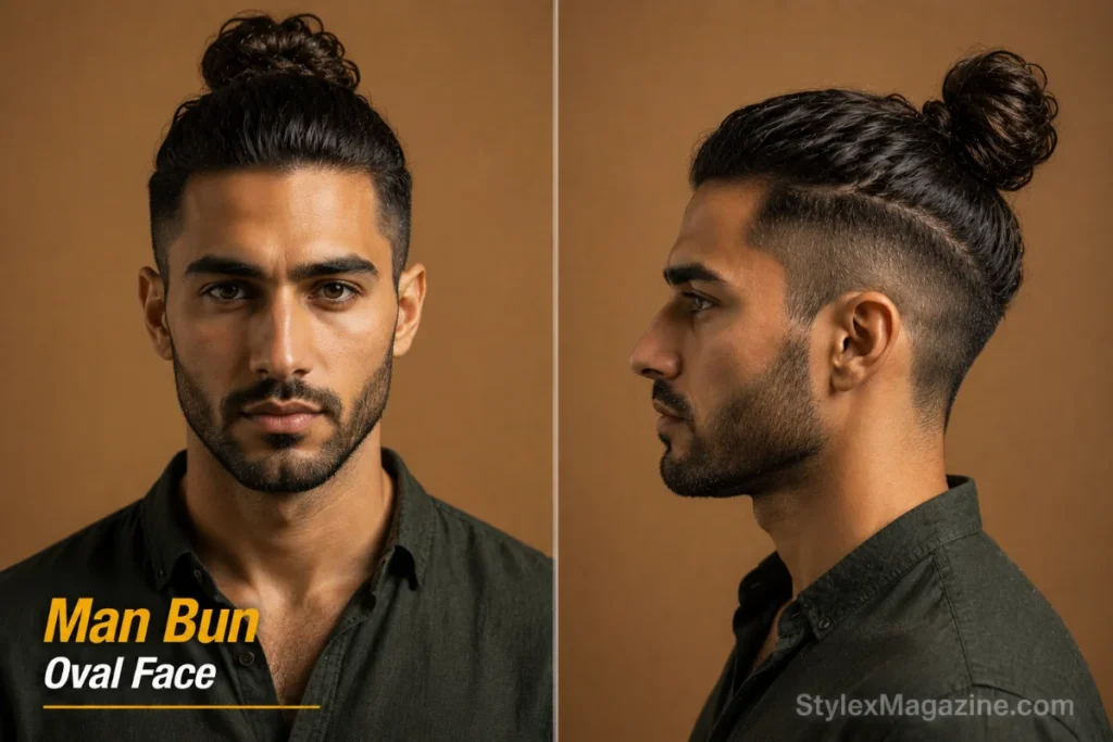 Man bun on oval face showing hair tied at crown with undercut sides and exposed balanced jawline