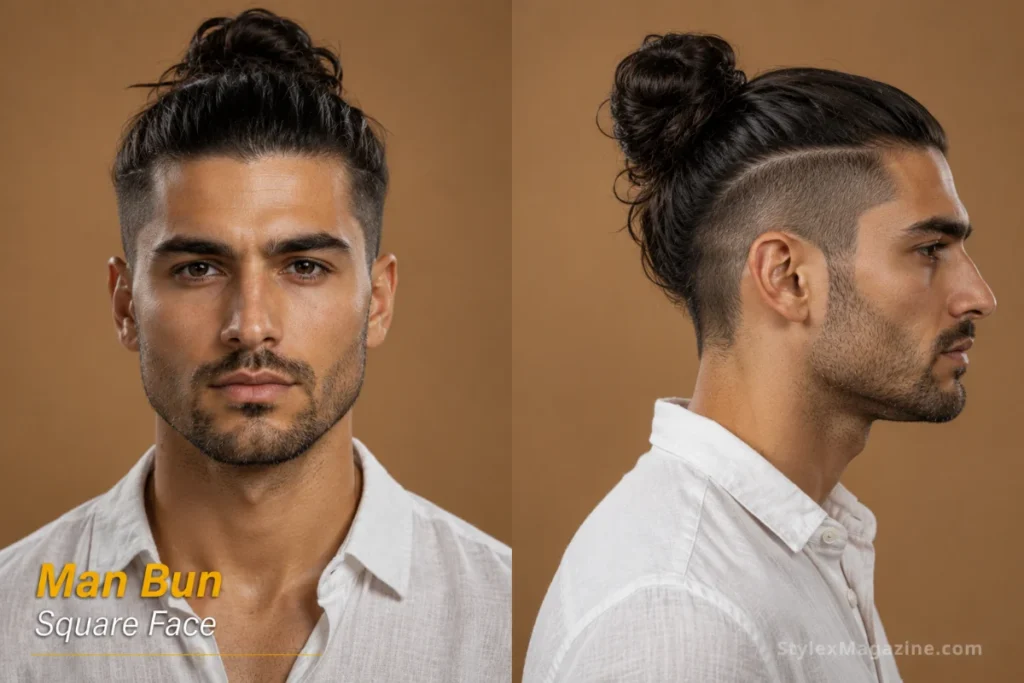 Man bun on square face showing tied volume above face level with undercut sides framing angular jaw
