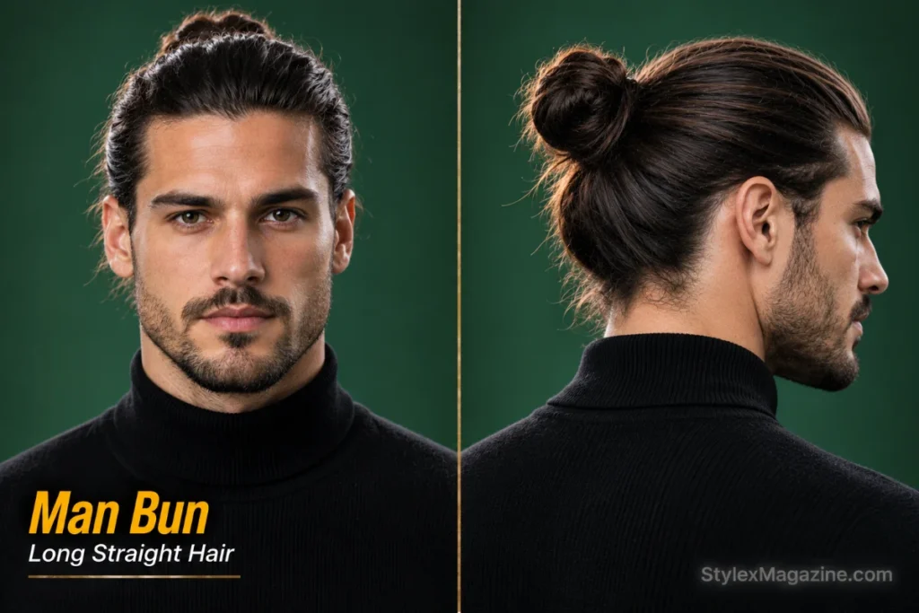 Man bun hairstyle for men with straight hair featuring tied long hair and clean styling.