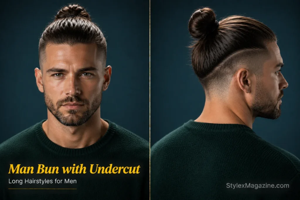 Man bun with undercut hairstyle for men featuring a compact top knot above clean disconnected shaved sides.