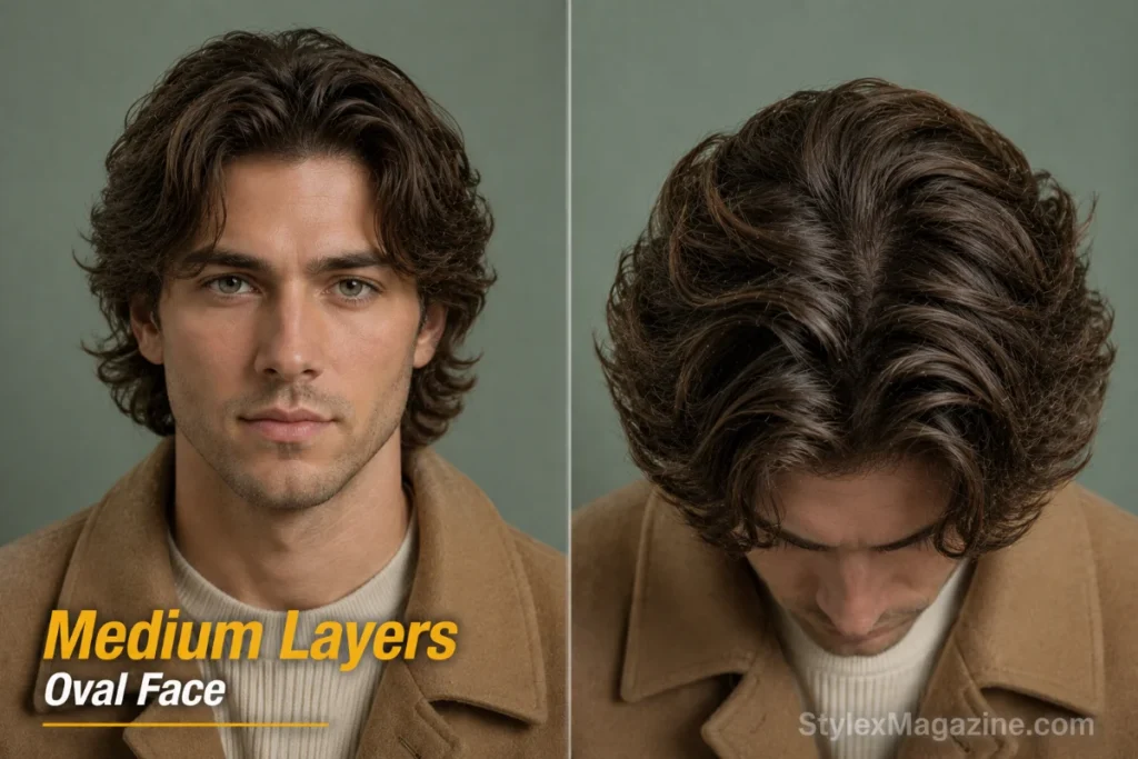 Medium layers on oval face showing 3 to 4 inches of layered movement at cheekbone level