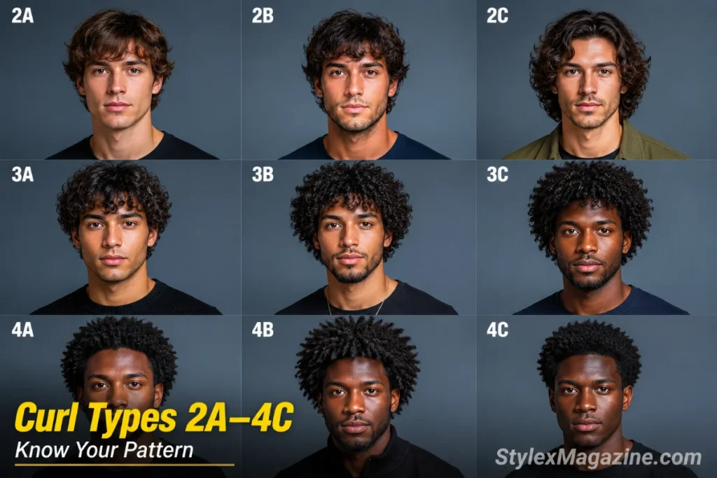 Nine-panel chart showing male curl types 2A to 4C with visual texture differences from waves to coils.