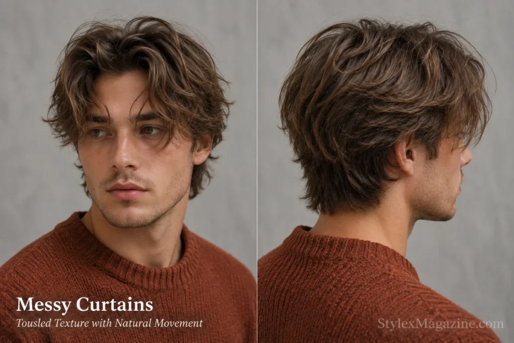 Man with naturally wavy, tousled curtain fringe and rough point-cut layered ends.