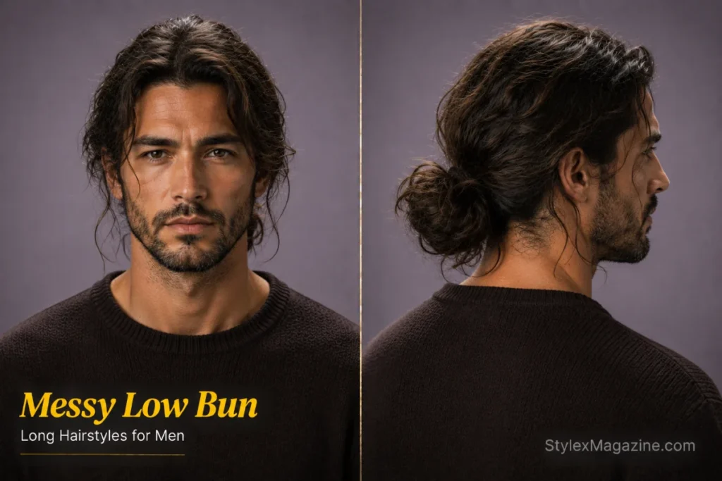 Messy low bun hairstyle for men featuring loosely tied long hair with relaxed face-framing strands.
