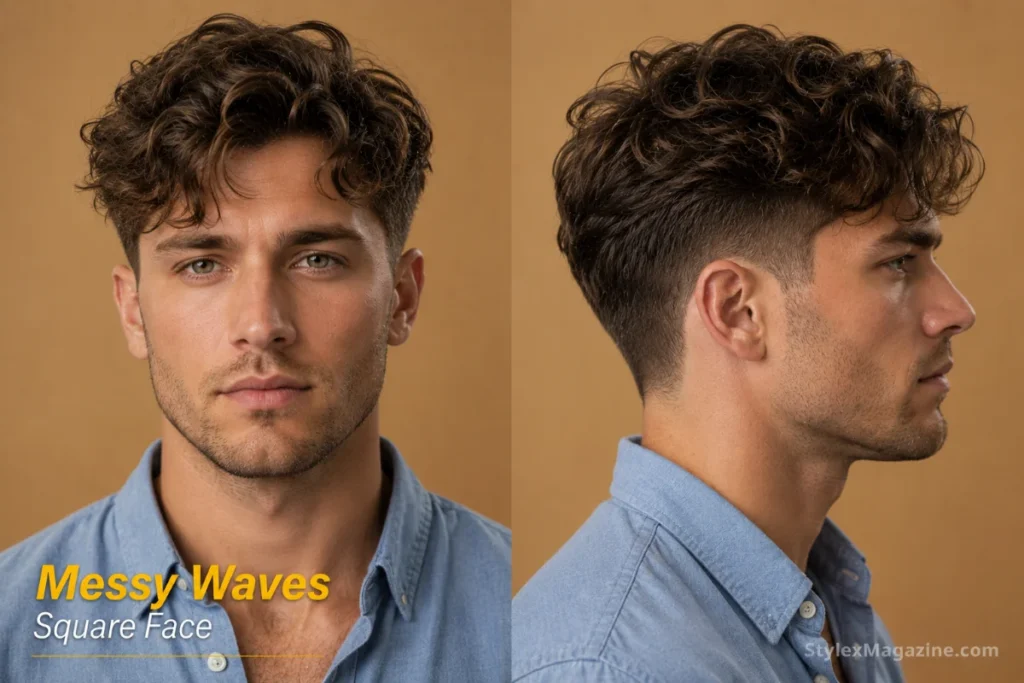 Messy medium waves on square face showing natural wave movement softening angular jaw and forehead