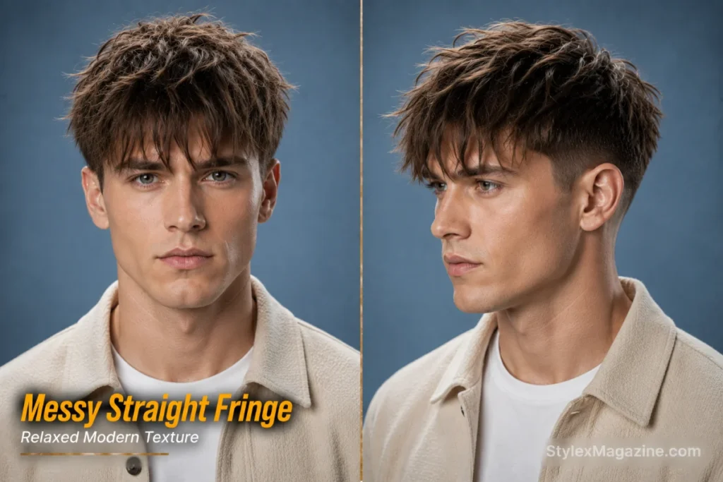 Messy straight fringe hairstyle for men featuring textured layers and casual movement.