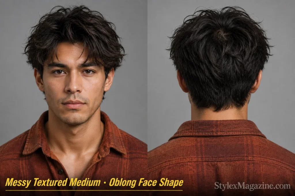 Messy textured medium length hair on a man with oblong face shape, undone piece-y texture, matte clay finish