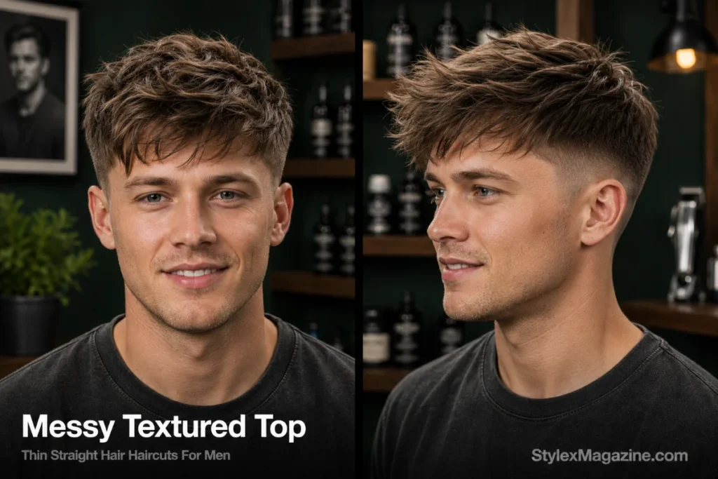 Man with thin straight hair styled as a messy textured top with tousled pieces and a clean low fade.