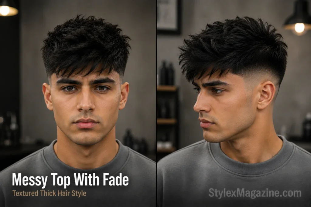 Messy textured top haircut with fade for men with thick straight hair