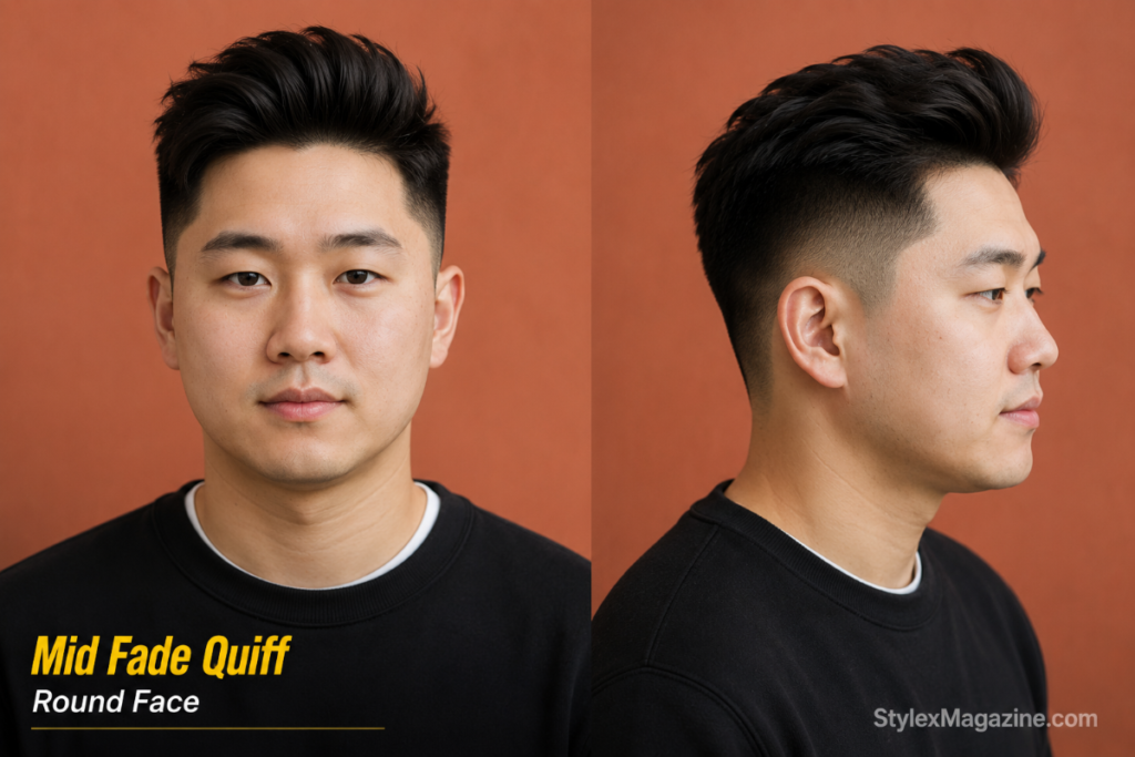 Mid fade with quiff on round face showing upward forward volume at front
Caption: Mid Fade with Quiff